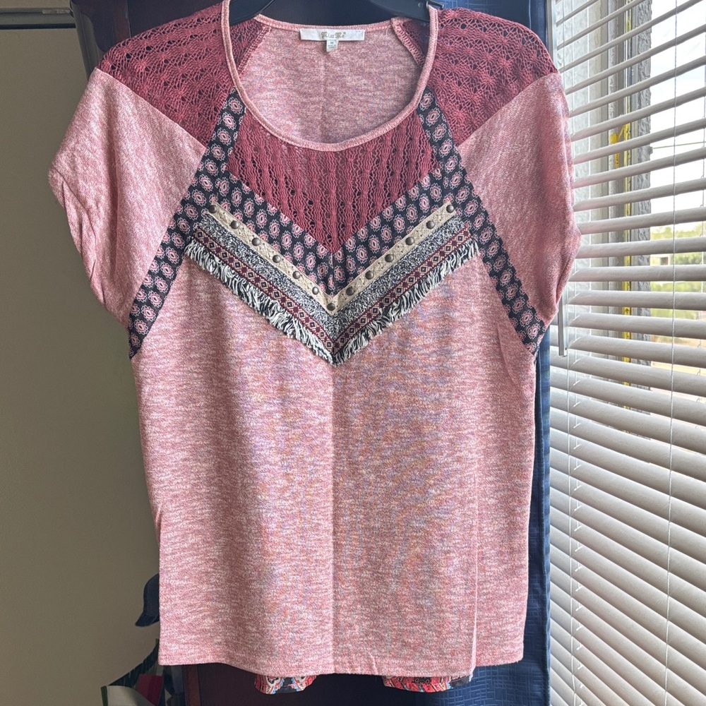 Miss Me Dusty Rose Mixed-Media Short Sleeve Tee